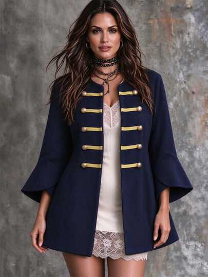 Linhara CURVE Plus Size Women's Knit Wool Black 3/4 Sleeve Stand Collar Decorative Button Mid-Length Coat, Autumn/Winter Christmas Halloween Party