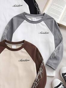 SHEIN 3件組男孩休閒白色梭織混搭套裝，落肩T恤上衣，適合秋季、學校、校園、大學 - 彩色 - 查看 5