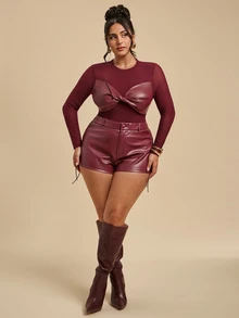 SHEIN BAE CURVE Plus Size Women's PU Leather Mesh Patchwork Fashion Long Sleeve Bodysuit Fall Night Party Burgundy Sexy Elegant - Burgundy - View 2