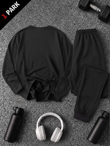 Gym Rark 男士黑色運動休閒度假套裝，圓領短袖上衣搭配鬆緊抽繩長褲，純色套裝，秋冬款 - 黑色 - 查看 2