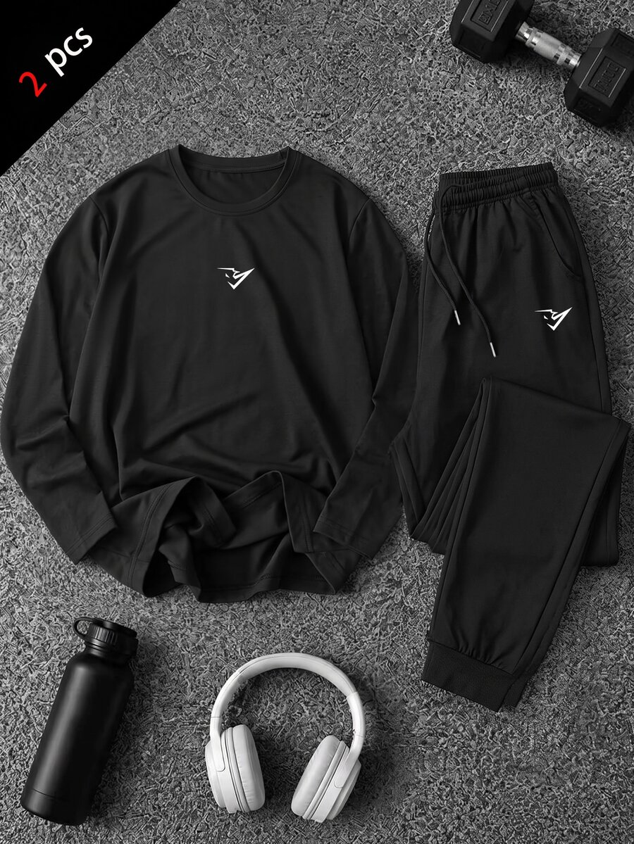 Gym Rark 男士黑色運動休閒度假套裝,圓領短袖上衣搭配鬆緊抽繩長褲,純色套裝,秋冬款 - 黑色 - 查看 1