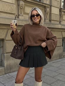 SHEIN PariChic 夏季休閑純色打摺短褶裙 - 黑色 - 查看 2