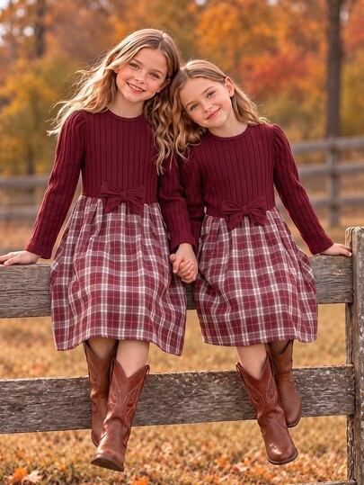 SHEIN Tween Girls Fall Winter Plaid Patchwork Dress, Cute Knit Puff Long Sleeve Bow Front Flared Skirt Thanksgiving Dinner Party Burgundy Elegant Vintage