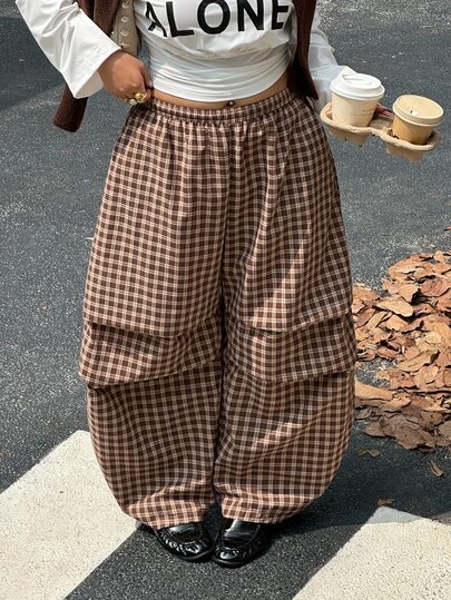 Muchica New For Autumn: Plus-Size Women's Vintage-Style American Plaid Wide-Leg Trousers Featuring A "Maillard", An Elastic Waist, And A Curved-Leg Silhouette