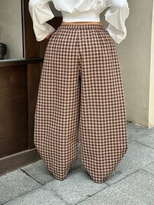 Muchica 秋季新品：大尺碼女款復古1950年代休閒風美式格紋寬腿褲，彈性腰頭、彎腿設計，感恩節棕色生日款 - 彩色 - 查看 2