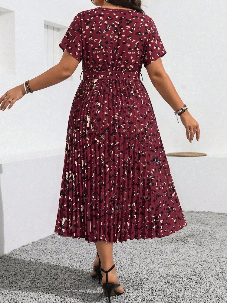 Vionelle Plus Size Summer Casual Elegant Allover Print Batwing Sleeve Dress With Pleated Hem Maxi Women Outfit Vacation Vacay Burgundy Brunch Party - Red Violet - View 2