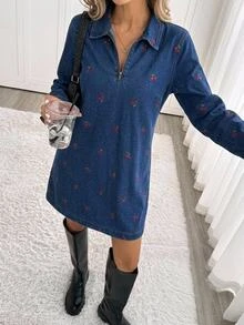 Easowa Women's Collared Zip Front Cherry Embroidered Denim Mini Dress, Long Sleeve Elegant Cute Casual Everyday Holiday Fall Christmas Dress - Medium Wash - View 2