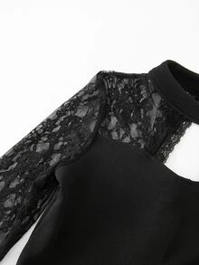 SHEIN 青少年女孩優雅 Katseye 修身對比蕾絲假領長袖貼身長洋裝 純黑色 秋季派對正式穿搭 聖誕 - 黑色 - 查看 8