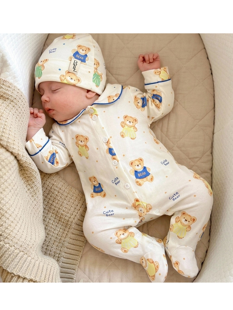 SHEIN New Born Baby Cartoon Bear Print Single-Breasted Romper Loungewear Newborn - Beige - View 6