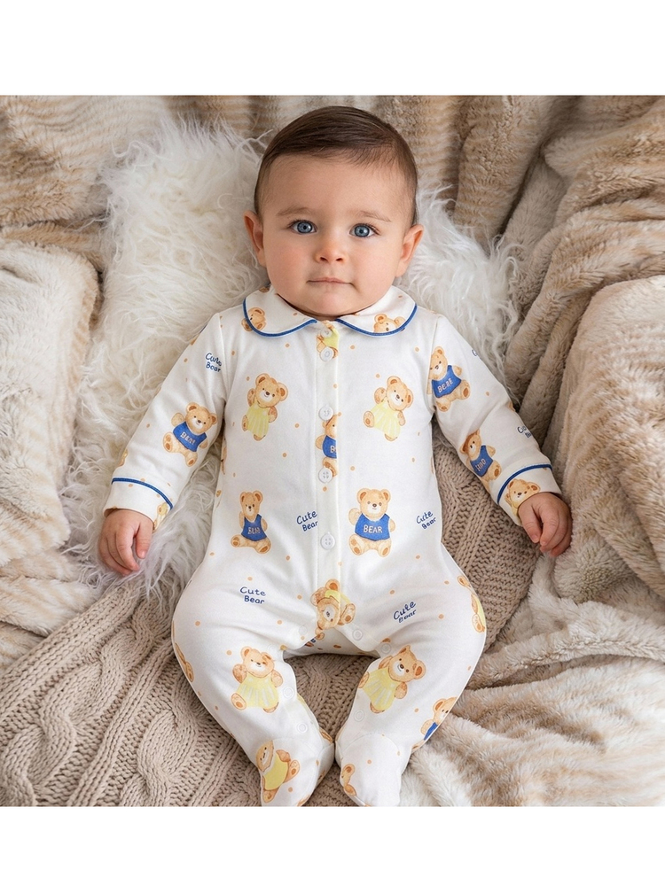 SHEIN New Born Baby Cartoon Bear Print Single-Breasted Romper Loungewear Newborn - Beige - View 5