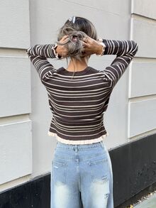 Wiktoria Wolska 女士休闲条纹荷叶边开衫，秋冬款 - 棕色 - 查看 2