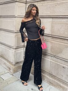 Wiktoria Wolska 女士黑色天鹅绒闪亮亮片休闲/音乐会/鸡尾酒会/夜间外出/狂欢节抽绳阔腿裤 - 黑色 - 查看 4