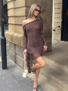 Wiktoria Wolska Y2K Sexy Lace Asymmetric Shoulder Asymmetrical Hem Dress - Coffee - View 6