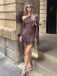 Wiktoria Wolska Y2K Sexy Lace Asymmetric Shoulder Asymmetrical Hem Dress - Coffee - View 4