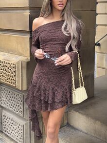 Wiktoria Wolska Y2K Sexy Lace Asymmetric Shoulder Asymmetrical Hem Dress - Coffee - View 3