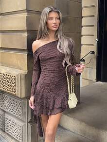 Wiktoria Wolska Y2K Sexy Lace Asymmetric Shoulder Asymmetrical Hem Dress - Coffee - View 1