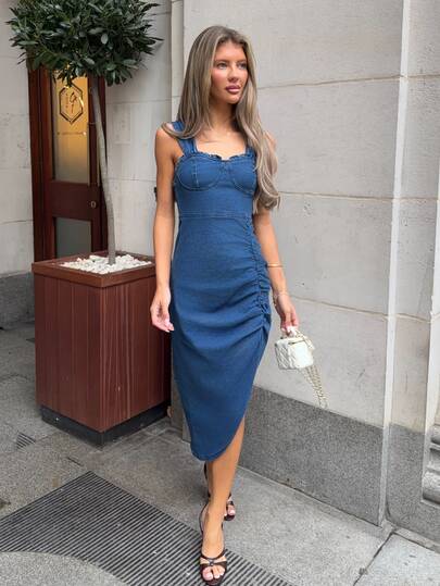 Wiktoria Wolska 女士夏季牛仔连衣裙，饰有荷叶边，收腰设计，宽肩带