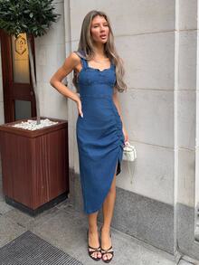 Wiktoria Wolska 女士夏季牛仔连衣裙，饰有荷叶边，收腰设计，宽肩带 - 深色水洗藍 - 查看 5