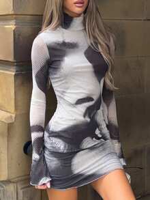 Wiktoria Wolska 女士印花高领长袖连衣裙 - 棕色 - 查看 3