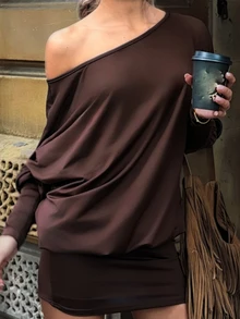 Wiktoria Wolska 现代街头服饰音乐节不对称肩长袖性感紧身迷你连衣裙 - 棕色 - 查看 4