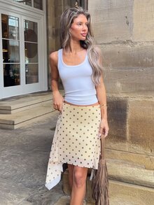 Wiktoria Wolska 女士时尚优雅黄色条纹不对称超低腰条纹斜纹及膝修身喇叭裙，适合度假和日常穿着 - 彩色 - 查看 5