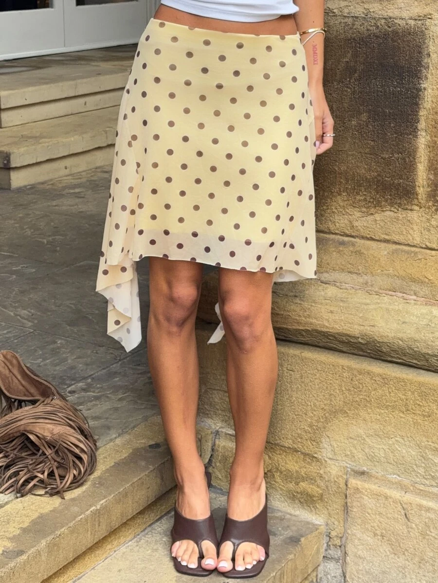 Wiktoria Wolska 女士时尚优雅黄色条纹不对称超低腰条纹斜纹及膝修身喇叭裙，适合度假和日常穿着 - 彩色 - 查看 1