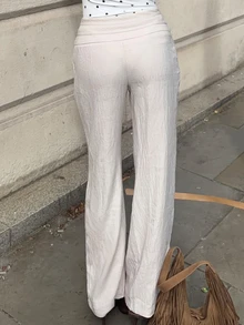 Wiktoria Wolska 亚麻休闲宽松腰带装饰长裤 女士亚麻裤 Zenske Pantalone 女士长裤 女士沙滩裤 女士亚麻阔腿裤 女士阔腿裤 女士轻薄长裤 - 杏色 - 查看 2