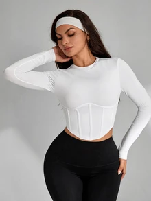 SHEIN Women's Fashion Fishbone Slim Fit Long Sleeve Sports T-Shirt - White - View 1