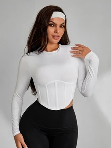 SHEIN Women's Fashion Fishbone Slim Fit Long Sleeve Sports T-Shirt - White - View 5