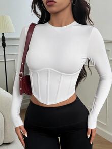 SHEIN Women's Fashion Fishbone Slim Fit Long Sleeve Sports T-Shirt - White - View 3
