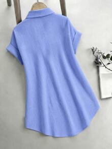 GlowEve Light Blue Women's Button Front Shirt, Loose Fit Lapel Short Sleeve Casual Blouse - Blue - View 2
