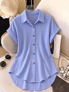 GlowEve Light Blue Women's Button Front Shirt, Loose Fit Lapel Short Sleeve Casual Blouse - Blue - View 3