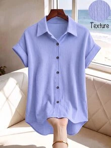 GlowEve Light Blue Women's Button Front Shirt, Loose Fit Lapel Short Sleeve Casual Blouse - Blue - View 4