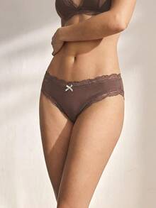 Ocili 5pcs/Pack Chic Autumn Leisure Basic Solid Color Soft 100% Cotton Lace Trim Low Waist Women's Briefs - Brown - View 5