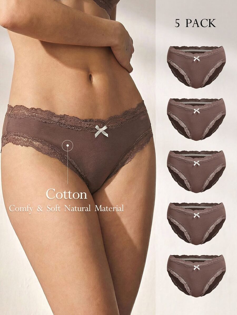 Ocili 5pcs/Pack Chic Autumn Leisure Basic Solid Color Soft 100% Cotton Lace Trim Low Waist Women's Briefs - Brown - View 1