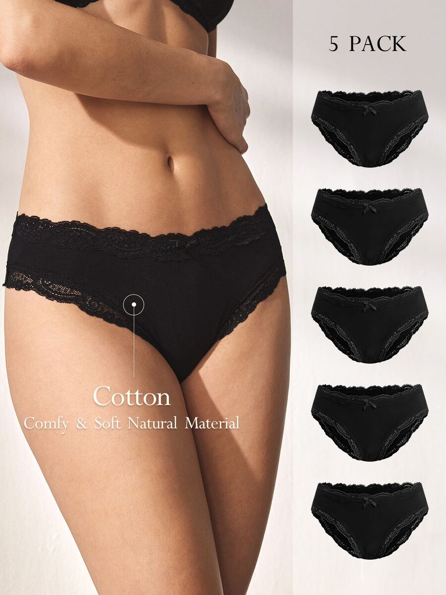 Ocili Leisure Basic Color Series Coffee Tone Pure Cotton Comfortable Minimalist Casual Soft Pure Cotton Ice Porcelain Cotton ChicAutumn 5-Piece Pack Low Waist Lace Women's Triangle Panties - Black - View 1