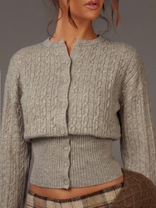 Athîral 女款休閒純色針織開襟衫，油條扭花圖案，燕麥色，秋冬日常穿著，約會與派對穿搭 - 卡其色 - 查看 3