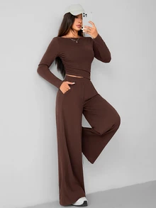 SHEIN PETITE 秋冬女款針織修身上衣 + 寬腿褲休閒舒適居家深灰色兩件套，適合嬌小女性 - 咖啡棕 - 查看 5