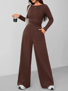 SHEIN PETITE 秋冬女款針織修身上衣 + 寬腿褲休閒舒適居家深灰色兩件套，適合嬌小女性 - 咖啡棕 - 查看 3