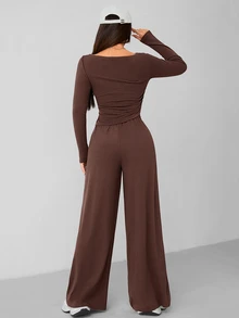 SHEIN PETITE 秋冬女款針織修身上衣 + 寬腿褲休閒舒適居家深灰色兩件套，適合嬌小女性 - 咖啡棕 - 查看 2