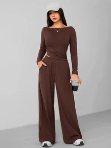 SHEIN PETITE 秋冬女款針織修身上衣 + 寬腿褲休閒舒適居家深灰色兩件套，適合嬌小女性 - 咖啡棕 - 查看 8