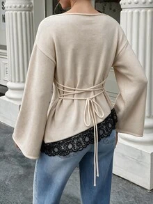 Selianne Elegant Bell Sleeve Lace Trim Back Tie Design Women's Sweater - Apricot - View 3