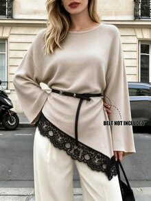 Selianne Elegant Bell Sleeve Lace Trim Back Tie Design Women's Sweater - Apricot - View 1