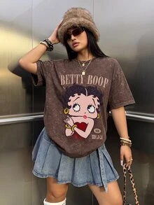 Betty Boop x SHEIN 大码女式休闲时尚街头风日常通勤卡通字母印花水洗宽松短袖T恤 - 白色 - 查看 1