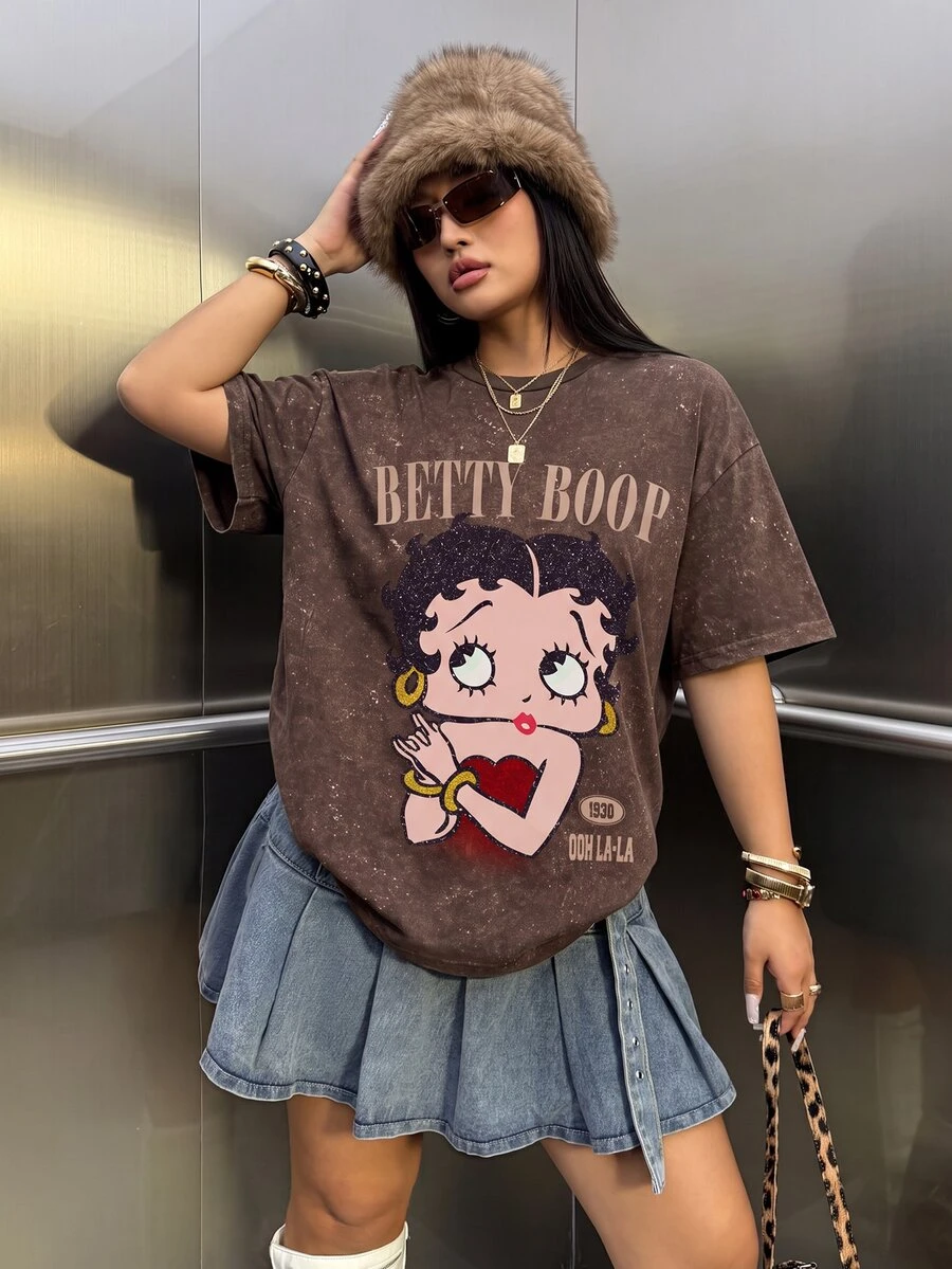 Betty Boop x SHEIN 大码女式休闲时尚街头风日常通勤卡通字母印花水洗宽松短袖T恤 - 白色 - 查看 1