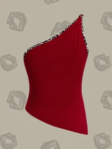Betty Boop x SHEIN Women's One Shoulder Sleeveless Top With Eye Design Going Out Holiday Dark Red And Leopard Print Summer Casual 2000s Y2k - Red - View 2