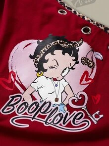 Betty Boop x SHEIN Women's One Shoulder Sleeveless Top With Eye Design Going Out Holiday Dark Red And Leopard Print Summer Casual 2000s Y2k - Red - View 5