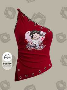Betty Boop x SHEIN Women's One Shoulder Sleeveless Top With Eye Design Going Out Holiday Dark Red And Leopard Print Summer Casual 2000s Y2k - Red - View 3