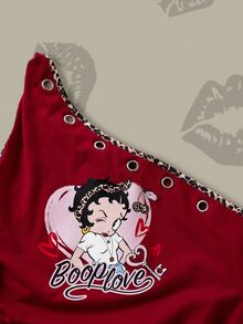 Betty Boop x SHEIN Women's One Shoulder Sleeveless Top With Eye Design Going Out Holiday Dark Red And Leopard Print Summer Casual 2000s Y2k - Red - View 4