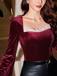 Vintamour Vintage Elegant Women's Autumn Winter Velvet Patchwork Ruffle Lace Contrast Color Casual Vacation Holiday Party T-Shirt Halloween Christmas New Year - Burgundy - View 4